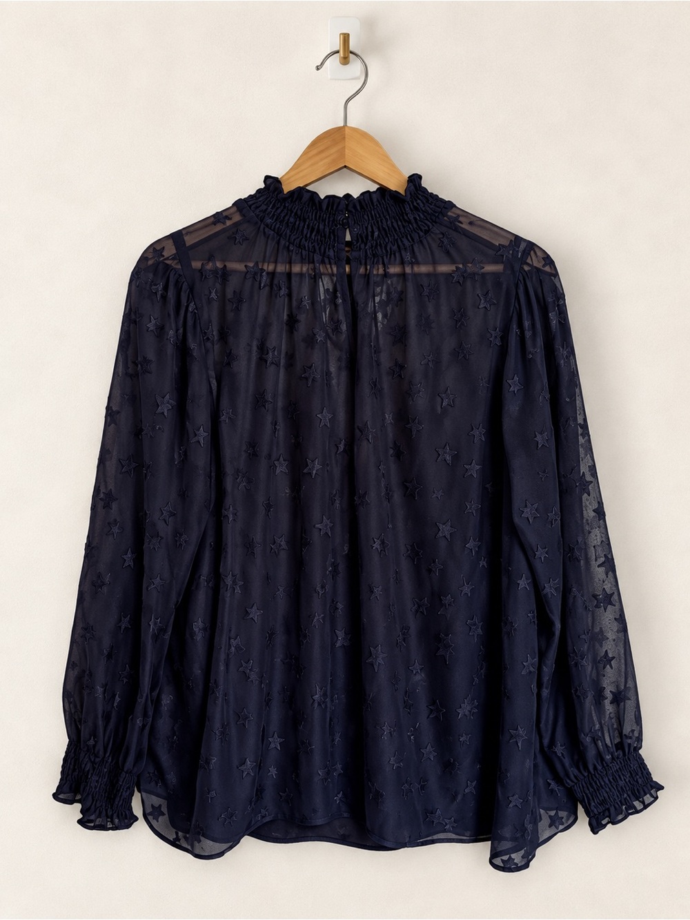 Torrid Navy Blue Metallic Star Sheer Blouse Smocked High Neck Plus Size 2